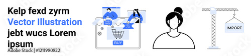 E-commerce shopping cart, two people on laptop screen, female profile icon, crane with import sign. Ideal for online retail, digital marketing, user profiles, logistics, commerce website design photo