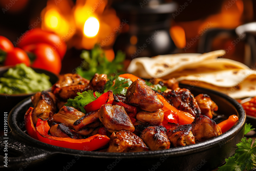 Sizzling chicken fajitas with peppers and onions, garnished with fresh cilantro, served with tortillas and guacamole. delicious and vibrant meal perfect for gatherings Sizzling chicken fajitas with peppers and onions, garnished with fresh cilantro, served with tortillas and guacamole. delicious and vibrant meal perfect for gatherings