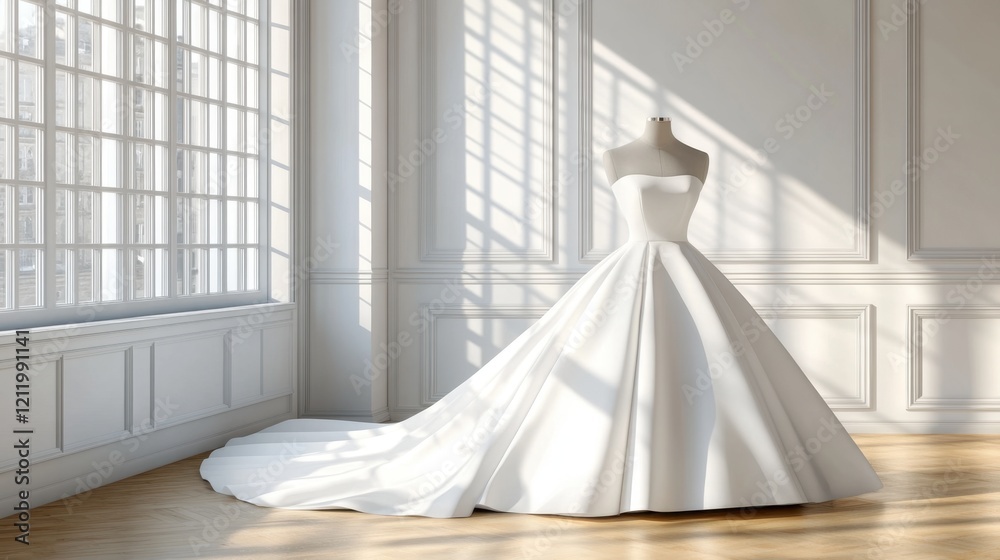 A classic wedding dress with minimal adornments, elegantly displayed on a mannequin in a softly lit room. A classic wedding dress with minimal adornments, elegantly displayed on a mannequin in a softly lit room.