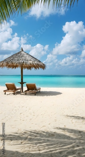Perfect Vacation Spot With Straw Umbrella  Comfortable Wooden Loungers And Stunning Oceanfront View