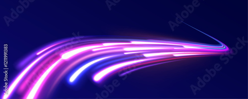 Creative vector illustration of flying cosmic meteor, planetoid, comet, fireball isolated on transparent background. Effect, png, wave,neon,line. Light arc in neon colors, in the form of a turn.
