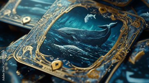 Poker cards with deep ocean themes, including whales and sunken ships.  photo