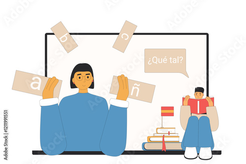 Learning spanish online and prepare for exam. Teacher with adult student training pronunciation and speaking skills of foreign language for test. Vector outline illustration.