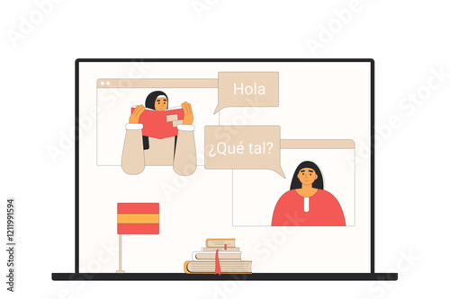 Learning spanish language online with conversation. Buddy system. Native speaker talking with adult student and practice pronunciation and reading skills of foreign language. Vector flat illustration.