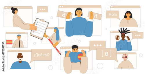 Speaking club. Learning spanish group online. Teacher with adult students prepare for exam and training pronunciation skills of foreign language isolated on white background. Vector illustration.
