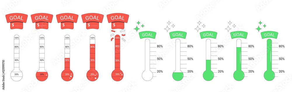 Fundraising thermometer. Financial goal scale set. money trackers Indicators of progress for donation event.
