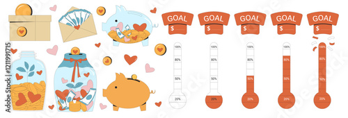 Fundraising thermometer set and moneyboxes for non profit organization. Piggybank and donation box. Financial goal scale set. money trackers Indicators of progress for donation event.