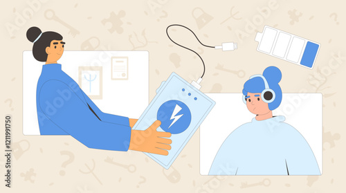 Burnout teenager therapy. Online counseling session with student and psychiatric. Tired young woman charge her vital energy with psychologists. Vector concept outline flat illustration.