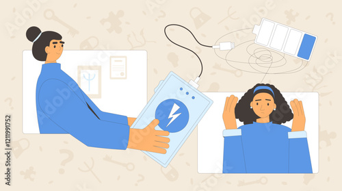 Burnout or depression therapy. Online counseling session with psychiatric. Tired character charge with psychologists. Low vital energy empty battery indicator. Vector concept flat illustration.