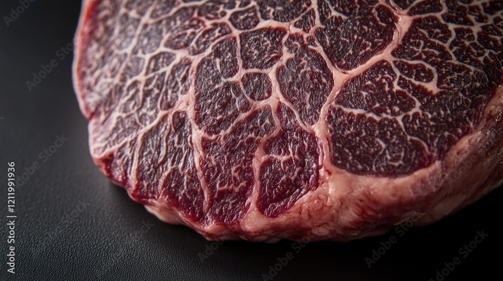 A raw piece of meat sits on a dark surface, providing a striking contrast A raw piece of meat sits on a dark surface, providing a striking contrast