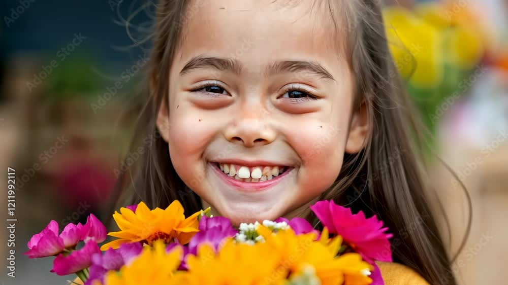 A young girl is holding a bouquet of flowers and smiling. The flowers are yellow and purple, and the girl is wearing a yellow sweater. The scene is bright and cheerful