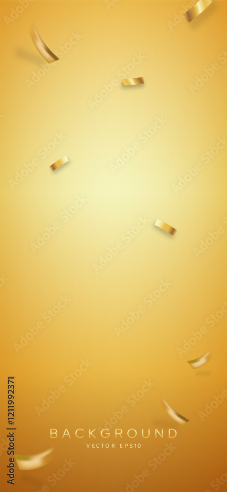 Fototapeta premium Gold gradient vertical background with shiny glitter party confetti, vector design