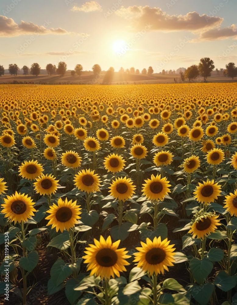 Obraz premium Field of blooming sunflowers under the golden Autumn sun, blooming, nature, sun