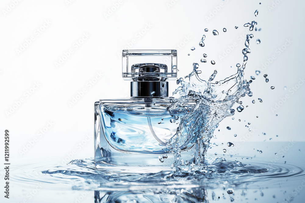 Elegant transparent perfume bottle with water splash captured in high resolution on a bright white background Elegant transparent perfume bottle with water splash captured in high resolution on a bright white background
