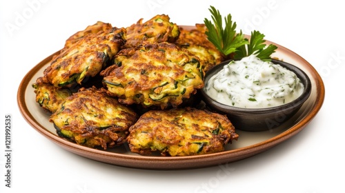 A plate of crispy zucchini fritters served with a side of tangy tzatziki sauce, Each fritter golden and crunchy, Set against an isolated white background to showcase its vegetarian delight 