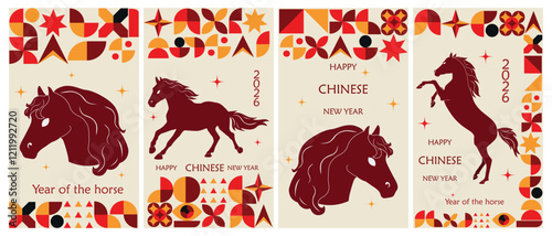Big Happy Chinese New Year backgrounds with horses and geometric shapes in red colors. Vertical vector posters. . New Year banners, posters, newsletters. 2026 Lunar New Year