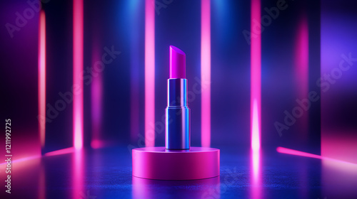 Stylish pink lipstick displayed on a podium with vibrant neon lighting, perfect for beauty and cosmetic themes. photo