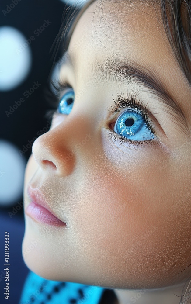 Fototapeta premium A young child with bright blue eyes and long eyelashes looks up with curiosity, showcasing an expression of wonder and innocence. The background features soft bokeh effects