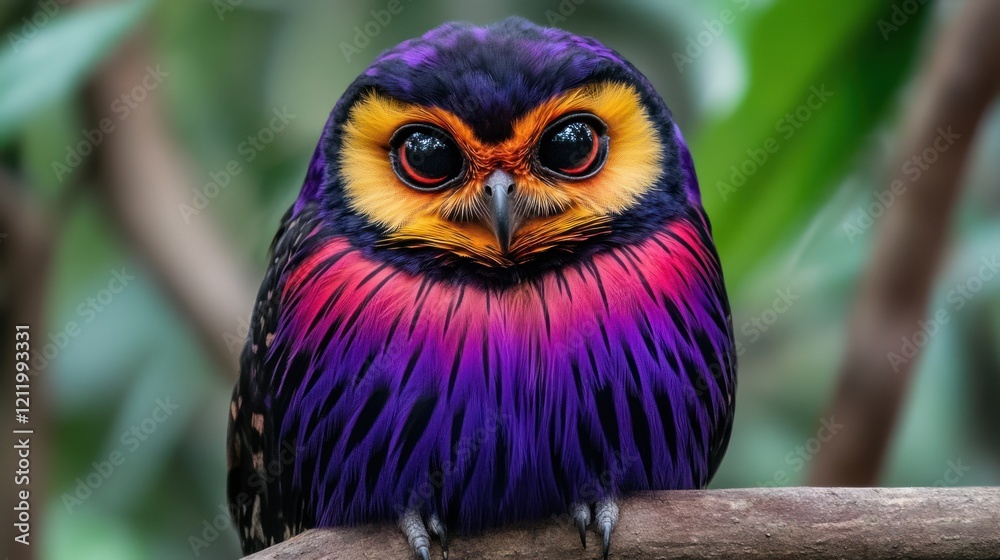 Fototapeta premium Vibrant colorful owl perched on a branch.