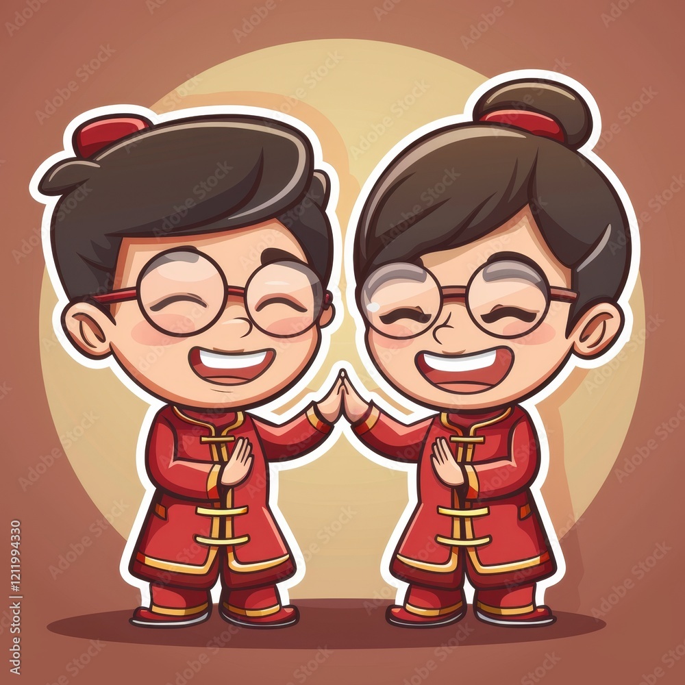 Two happy cartoon people wearing traditional Chinese clothing with a red background and moon in the background. Two happy cartoon people wearing traditional Chinese clothing with a red background and moon in the background.