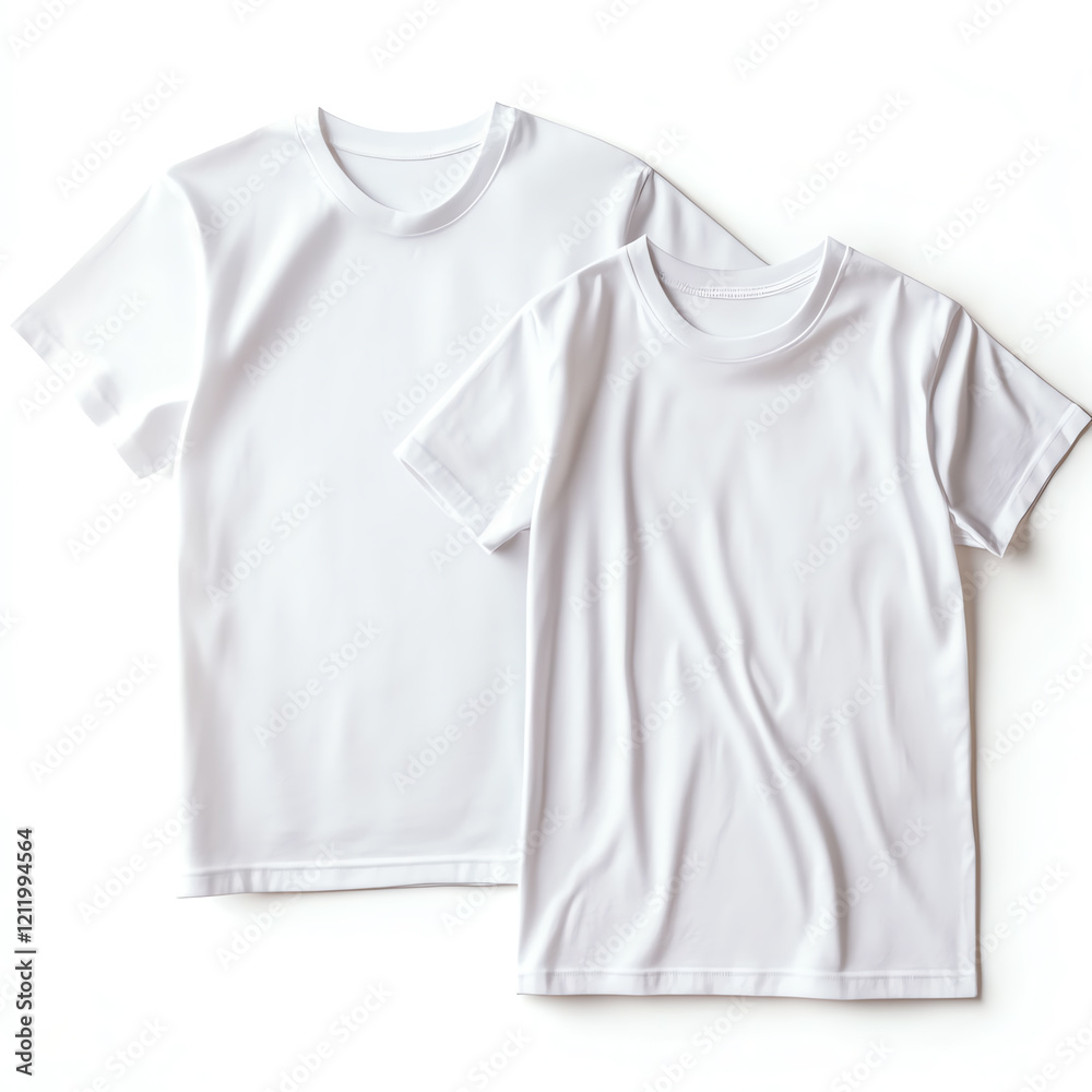 Two plain white t-shirts arranged neatly, showcasing a minimalist fashion style suitable for casual wear or custom designs. Two plain white t-shirts arranged neatly, showcasing a minimalist fashion style suitable for casual wear or custom designs.