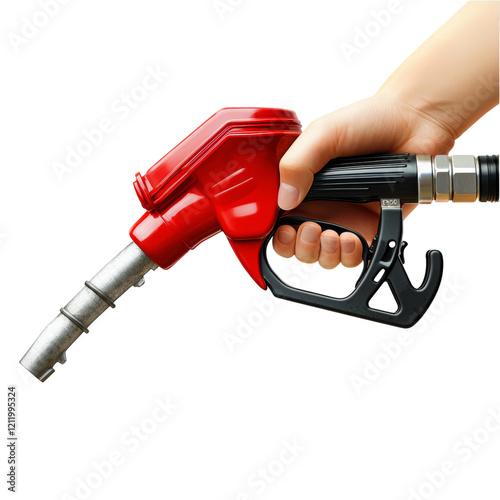 Hand Holding Red Fuel Pump at Gas Station Isolated on transparent background