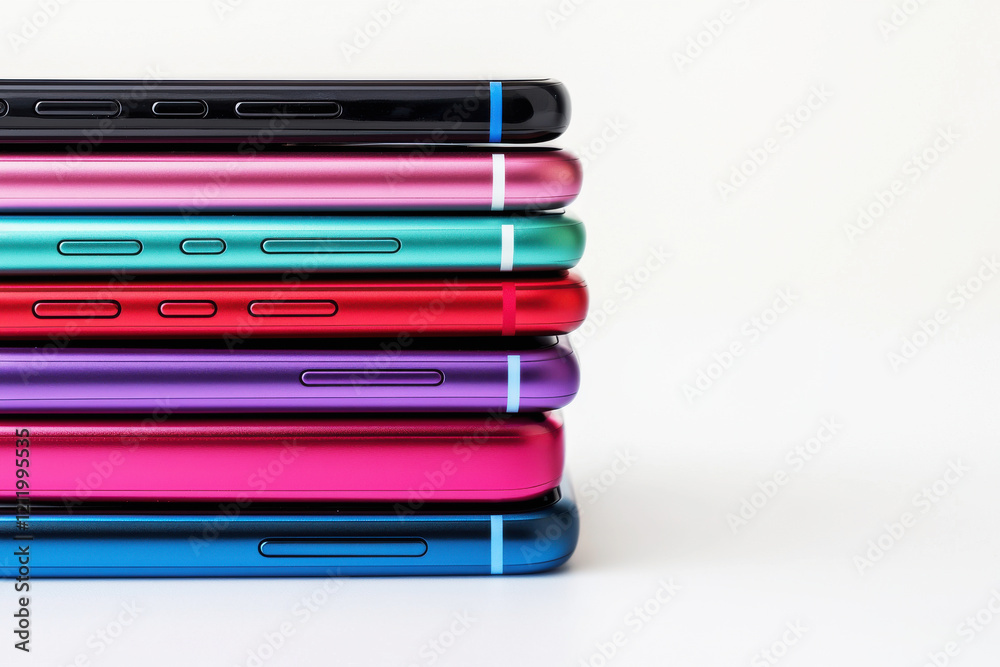 Vertical stack of colorful smartphones showcasing modern design on a clean white background