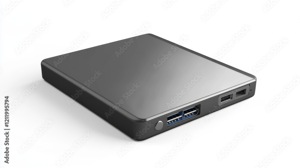 A sleek, modern external hard drive showcasing multiple ports, perfect for data storage and transfer. A sleek, modern external hard drive showcasing multiple ports, perfect for data storage and transfer.