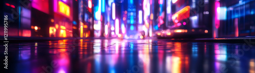 Vibrant cityscape featuring colorful neon lights reflecting on wet streets, showcasing modern urban architecture at night.