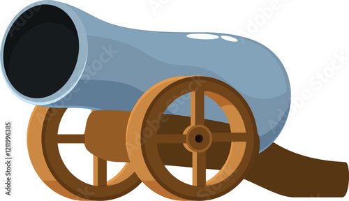 Cartoonish gray metal cannon on wooden wheels firing a powerful weapon in war