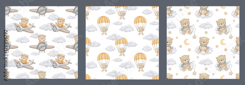 Seamless pattern with cute bear in neutral colors Bear pilot on airplane, hand drawn watercolor illustration on white repeat background for baby fabric