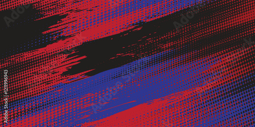 Abstract Dirty blue red black Grunge Background with Halftone Effect. Sports Background with red blue Brush