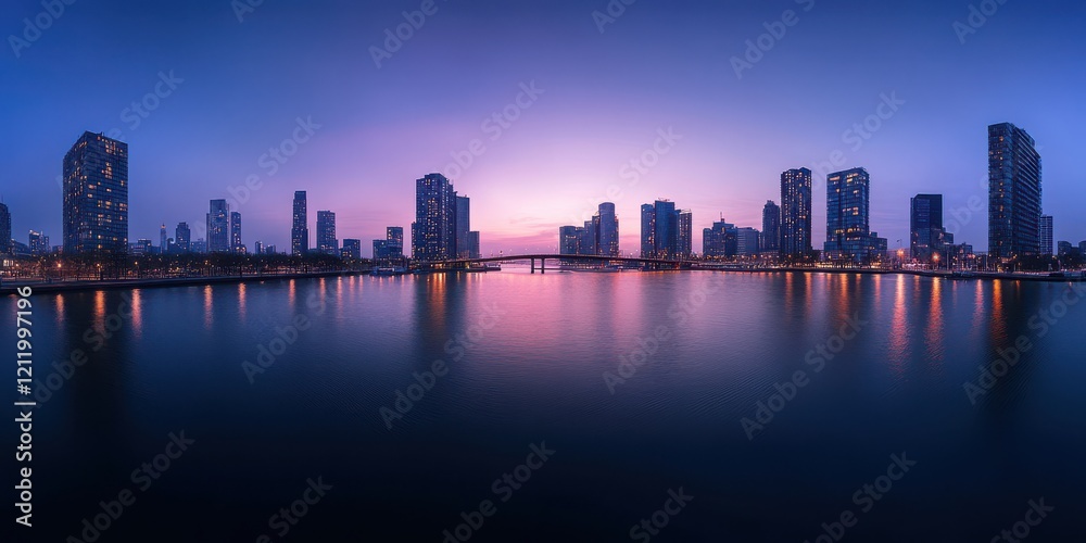 Obraz premium Serene Urban Skyline at Dawn with Calm Waters Reflecting Skyscrapers and a Colorful Horizon in a Modern Cityscape