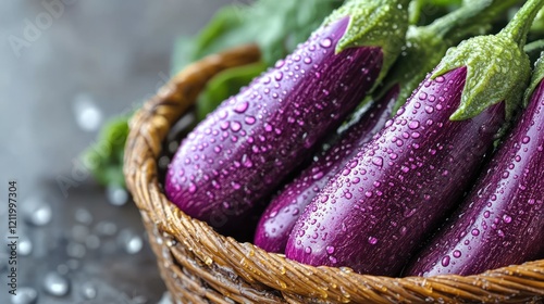 Fresh Eggplants Basket, Dewdrops, Kitchen, Still Life, Food Photography photo