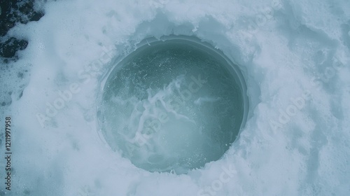 Winter ice fishing hole, bubbling water, snowy background