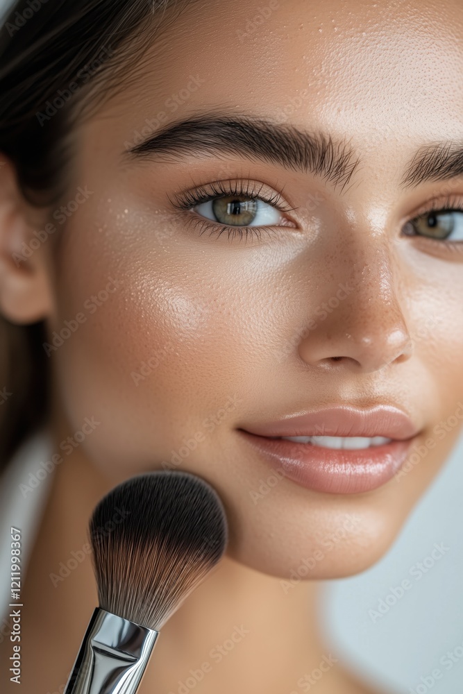 A close-up of a woman applying makeup with a brush. A close-up of a woman applying makeup with a brush.