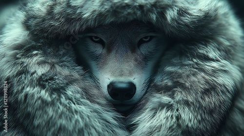 Wolf's intense gaze from within a fur hood. photo