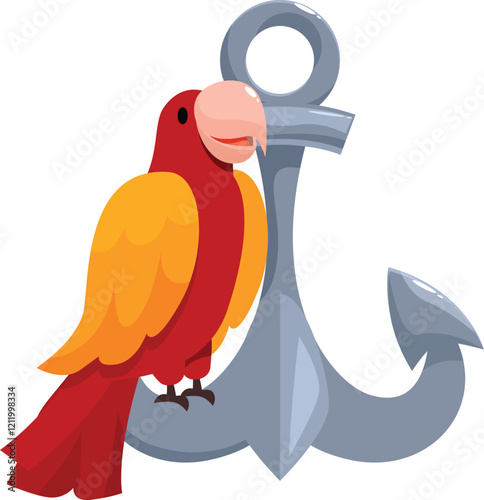 Cartoon illustration of a red and yellow parrot perching on a metal anchor, representing seafaring adventures photo