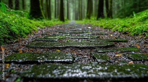 Wet stone path in mossy forest; tranquil nature scene; peaceful background; ideal for meditation or travel websites photo