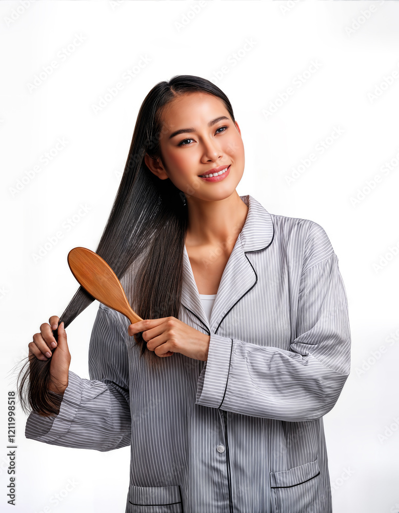 Young Asian woman brushing her hair in pyjamas Young Asian woman brushing her hair in pyjamas