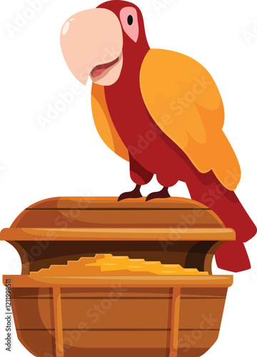 Vibrant parrot perched atop an open wooden treasure chest overflowing with gold, a symbol of pirate's loot and adventure