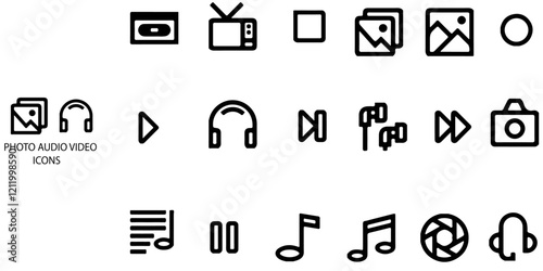 Photos and videos 16 icon set. included audio, video, play, pause, image. Vector illustration.