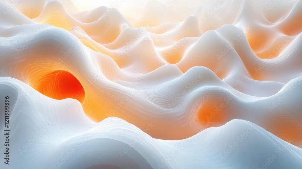 Obraz premium Abstract 3D Render Flowing White and Orange Waves Textured Landscape Digital Art