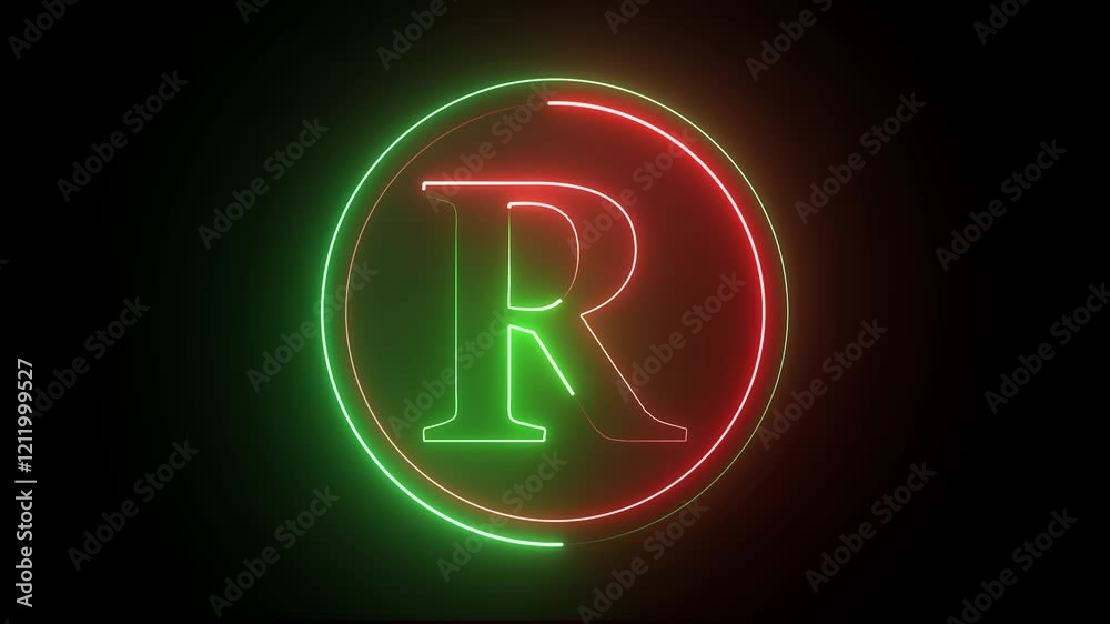 glowing Neon english R Letter icon with circle animation on a black ...