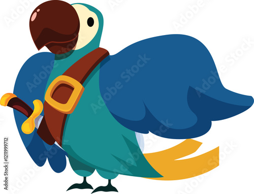 Blue pirate parrot wearing belt and holding sword photo