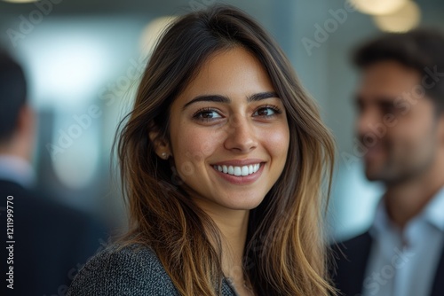A woman with long brown hair smiles directly at the camera, conveying happiness and confidence