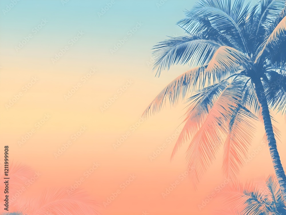Fototapeta premium refreshing summer banner, beach palms, minimalistic, rose orange blue tones, light