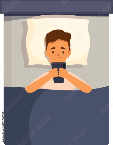 Young man using smartphone in bed late at night, suffering from insomnia or waiting for a message