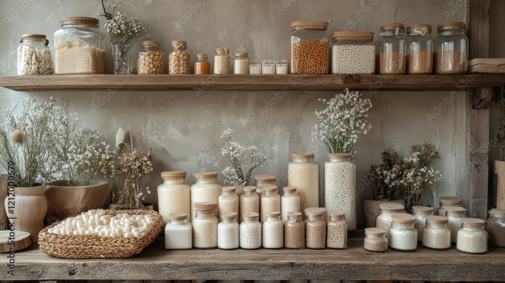 Rustic shelves filled with natural candles and decor Rustic shelves filled with natural candles and decor