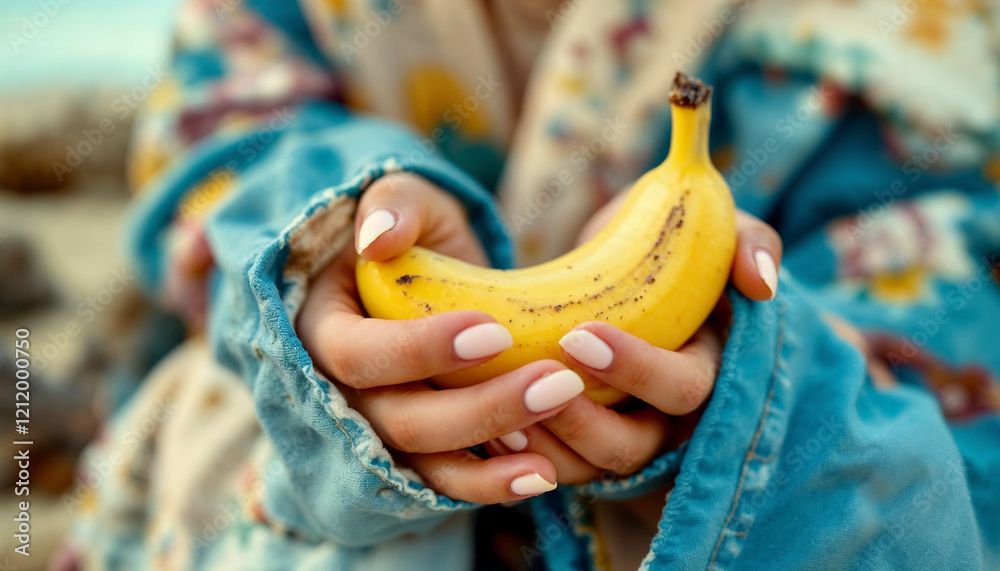 Fototapeta premium Fresh banana on palm hands HD photo. Banana on palm hands in top view photo
